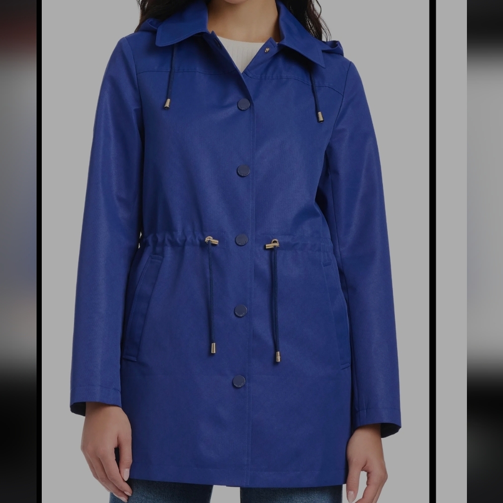 Kate Spade Royal Blue Hooded Drawstring Trench Coat Magic Print Rain Jacket XL